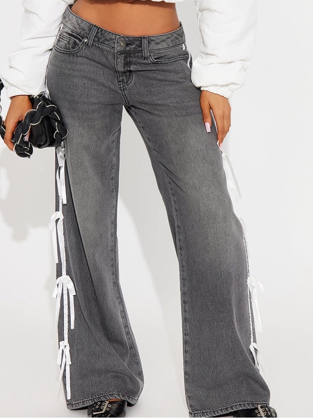 Gray Wide-Leg Jeans with White Side Ties